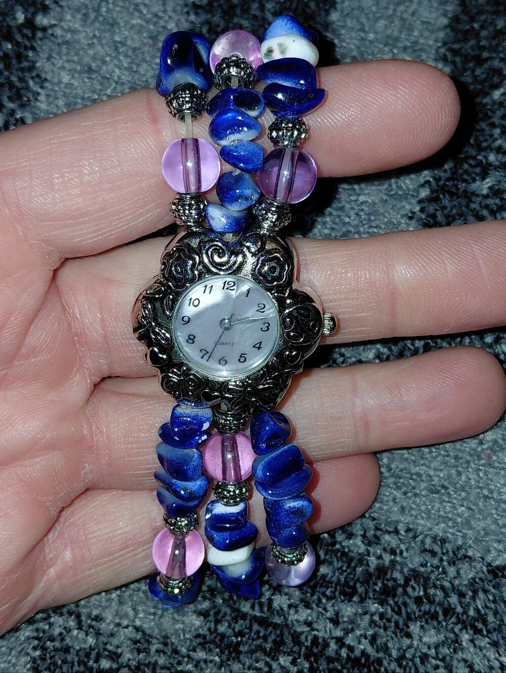 Vintage Boho Beaded Bracelet Watch Blue Stone Pink Glass Silver Floral Quartz CC